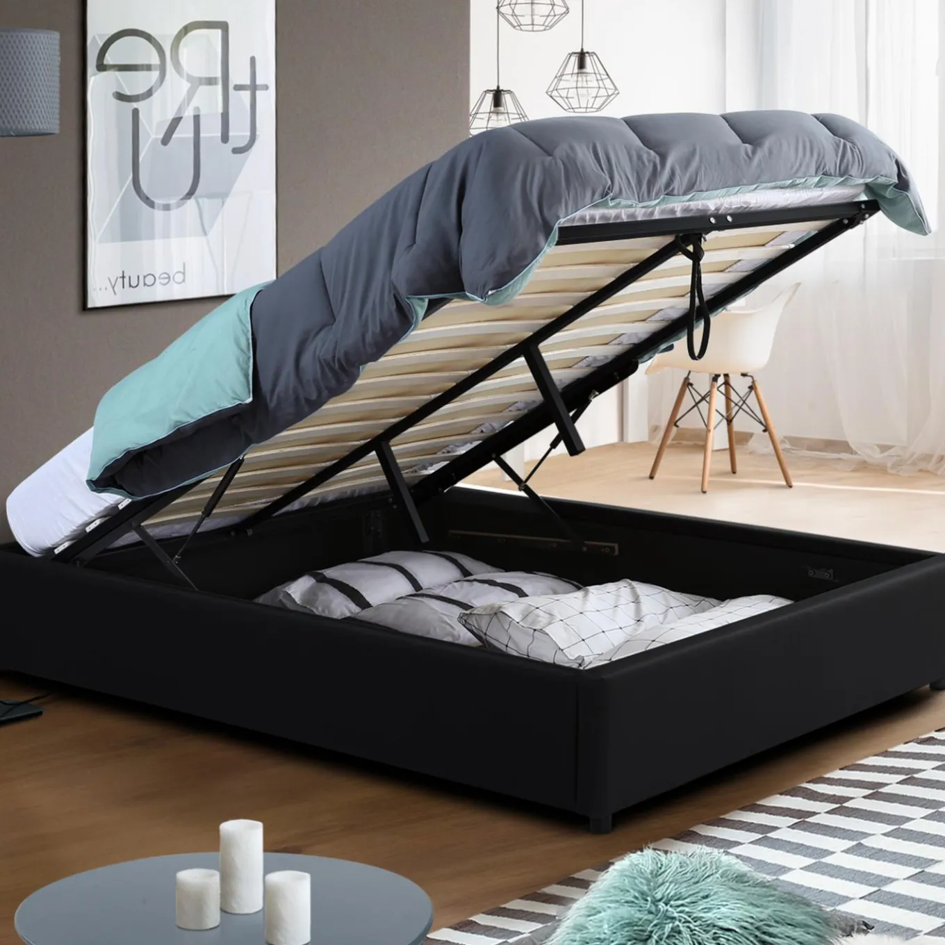 IDMarket Sommier coffre de rangement 140x190 cm noir* Collection Contemporaine|Chambre Complète Adulte