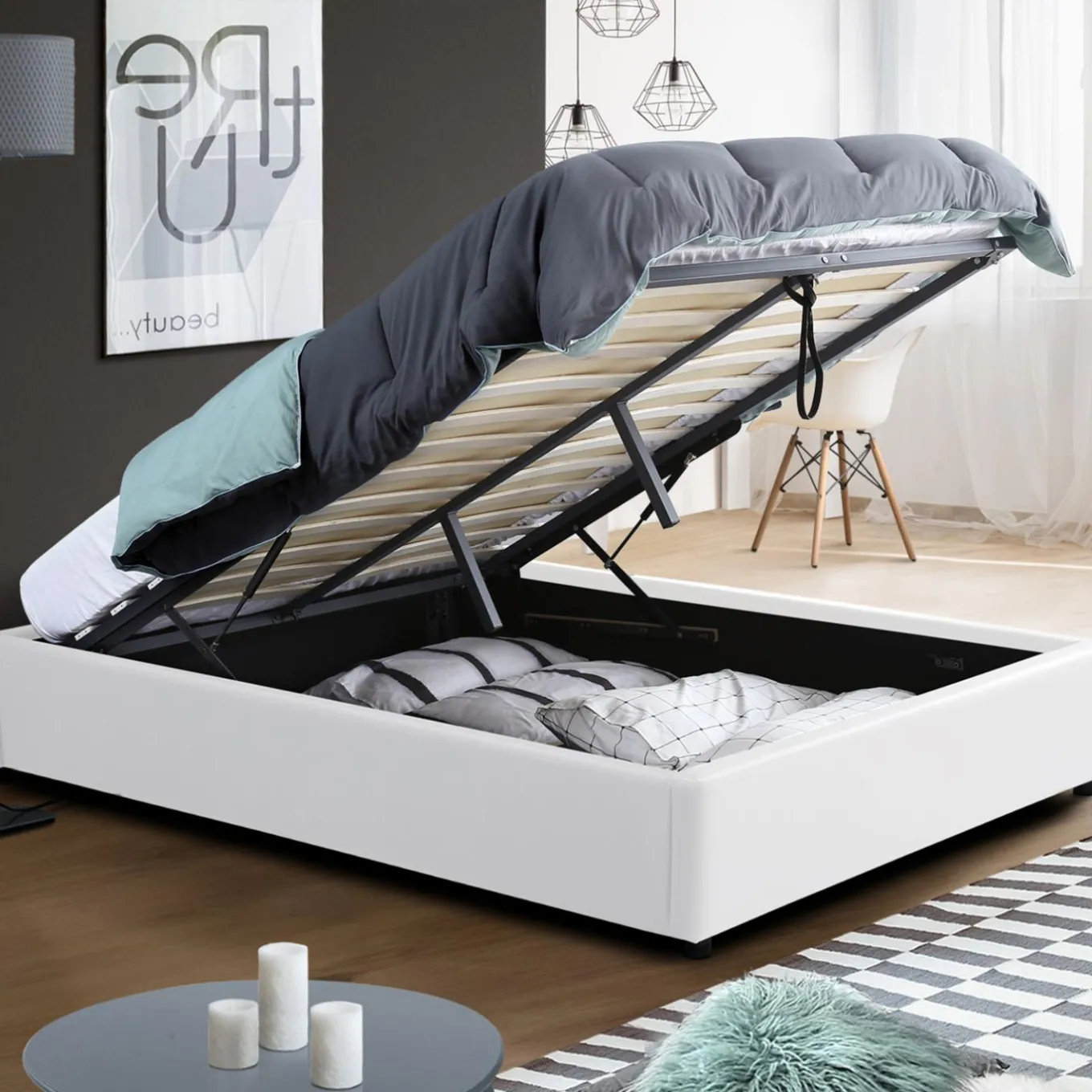 IDMarket Sommier coffre de rangement 160x200 cm blanc* Collection Contemporaine|Chambre Complète Adulte