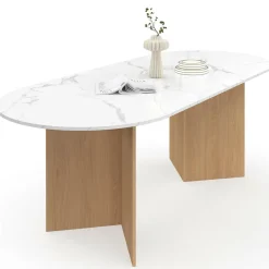 IDMarket Table à manger extensible ovale MARTHE 6 -10 personnes plateau marbre blanc ALASKA et bois façon hêtre 160-200 cm* Tables
