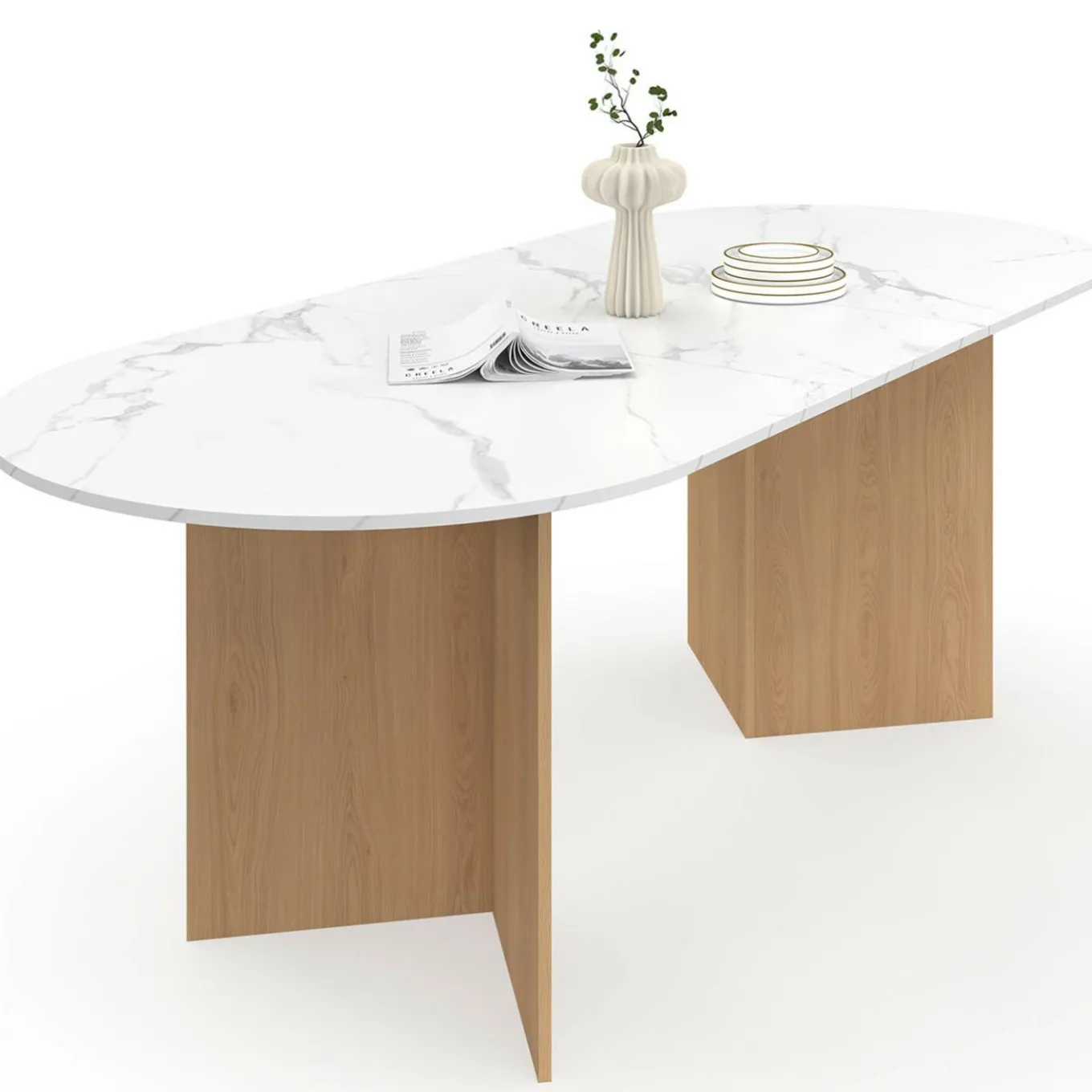 IDMarket Table à manger extensible ovale MARTHE 6 -10 personnes plateau marbre blanc ALASKA et bois façon hêtre 160-200 cm* Tables