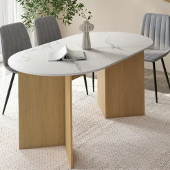 IDMarket Table à manger extensible ovale MARTHE 6 -10 personnes plateau marbre blanc ALASKA et bois façon hêtre 160-200 cm* Tables