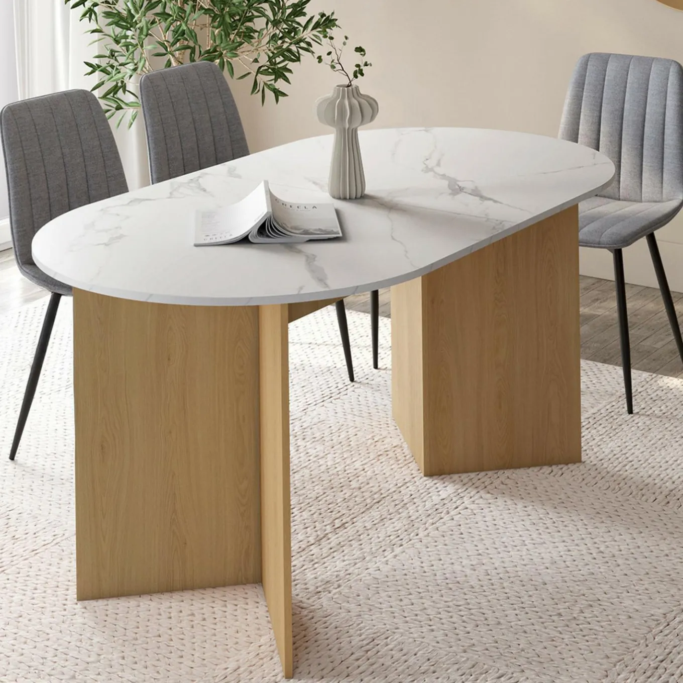 IDMarket Table à manger extensible ovale MARTHE 6 -10 personnes plateau marbre blanc ALASKA et bois façon hêtre 160-200 cm* Tables