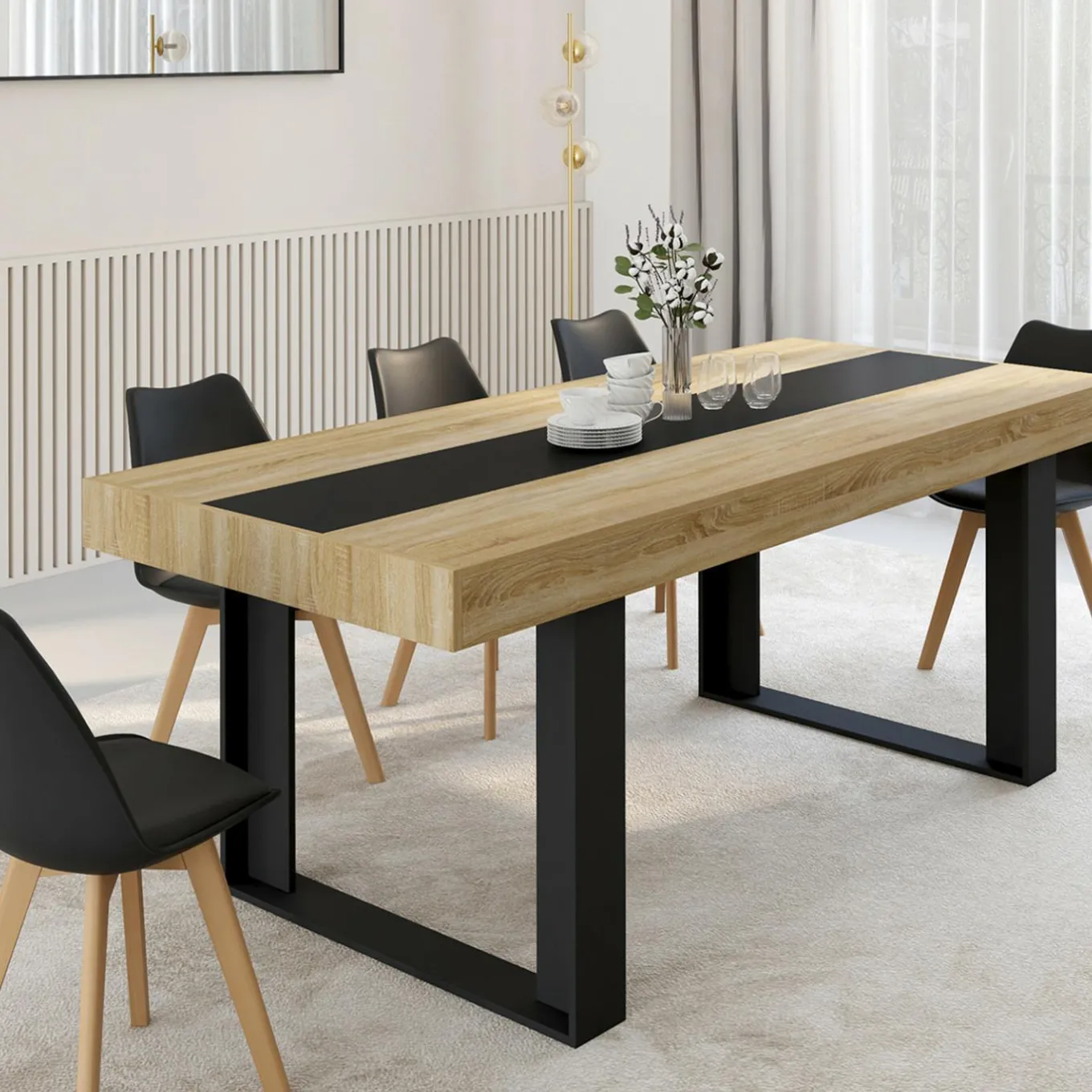 IDMarket Table à manger 10 personnes en bois avec bande centrale noire* Meubles En Bois|Collection Design