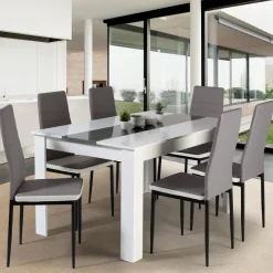 IDMarket Table à manger blanche et grise 140 cm avec 6 chaises grises liseré blanc* Meubles Blancs|Collection Contemporaine