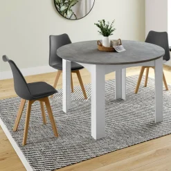 IDMarket Table à manger blanche et plateau effet béton extensible ronde* Collection Design|Collection Contemporaine