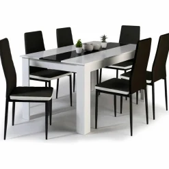 IDMarket Table à manger blanche et noire 140 cm et 6 chaises noires liseré blanc* Meubles Blancs|Collection Contemporaine