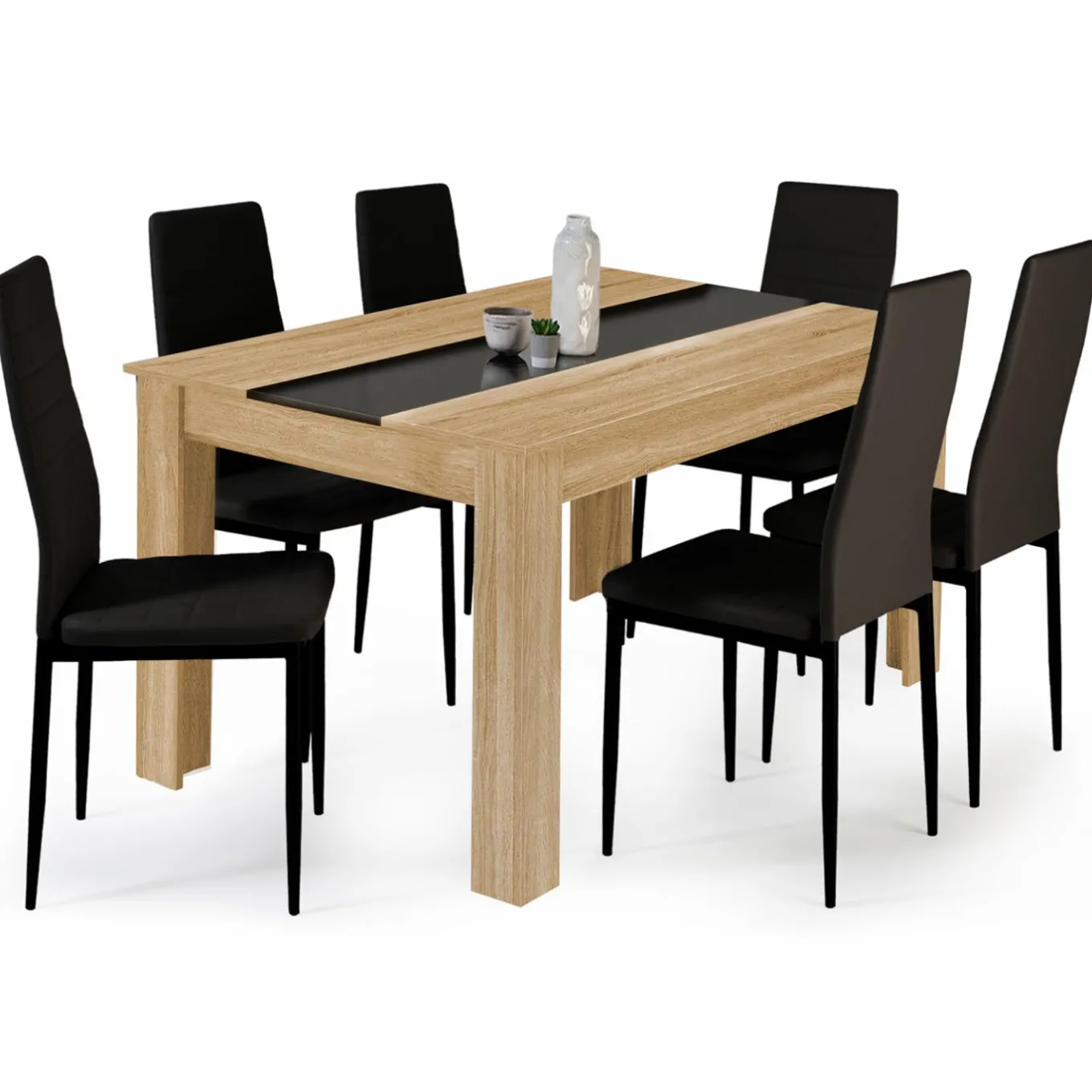IDMarket Table à manger en bois imitation hêtre et noir 140 cm et 6 chaises noires* Collection Contemporaine|Salle À Manger Complète