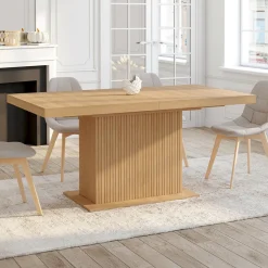 IDMarket Table à manger extensible 160-200 cm lattes tasseau bois avec rangement pied central 6-10 personnes* Collection Design|Collection Moderne