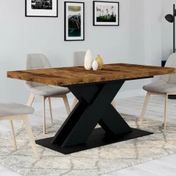 IDMarket Table à manger extensible rectangle 160-200 cm 6-10 personnes pied X noir et plateau bois foncé* Collection Vintage|Tables