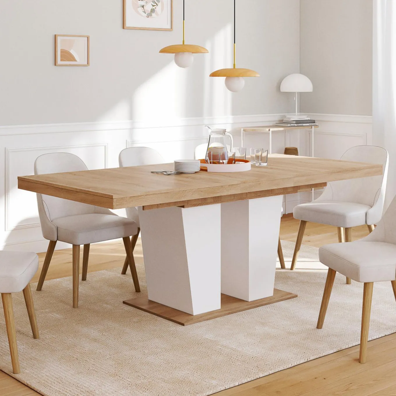 IDMarket Table à manger extensible avec pied central bois et blanc* Collection Contemporaine|Salle À Manger Complète