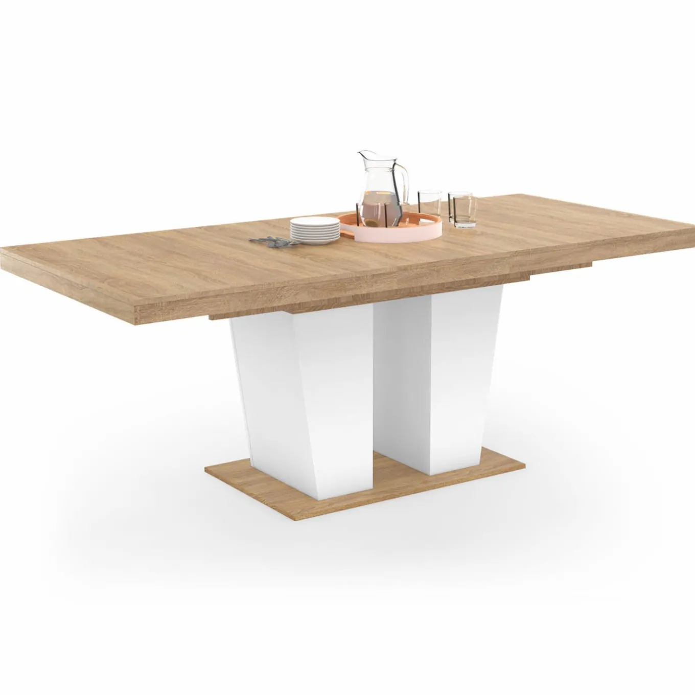 IDMarket Table à manger extensible avec pied central bois et blanc* Collection Contemporaine|Salle À Manger Complète