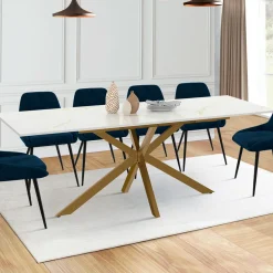 IDMarket Table à manger extensible 160-200 cm 6-10 personnes avec plateau effet marbre doré et pied araignée en laiton* Collection Design|Collection Moderne
