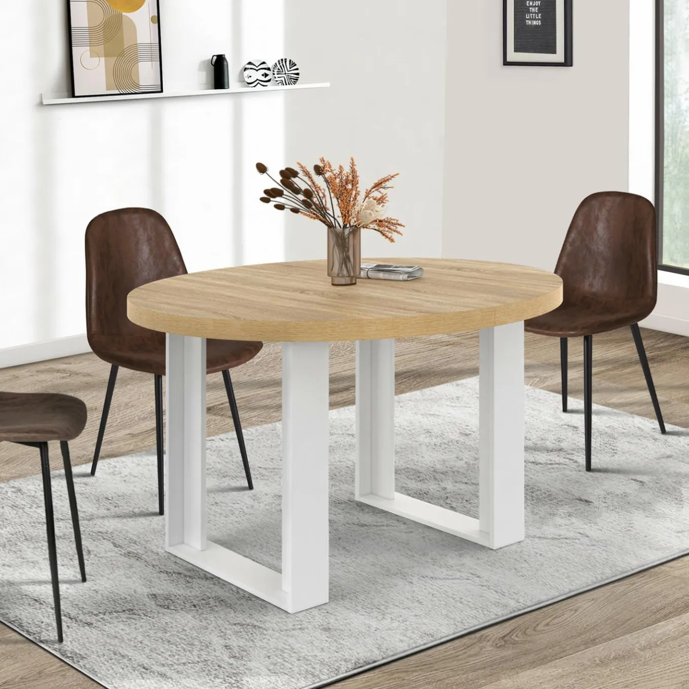 IDMarket Table à manger extensible ronde bois et blanc 110-150 cm pour 4 à 6 personnes* Tables|Tables Et Chaises