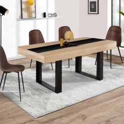 IDMarket Table à manger extensible 6-10 personnes bois et bande centrale noire* Collection Moderne|Salle À Manger Complète