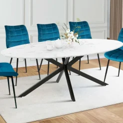 IDMarket Table à manger ovale métal noir et plateau effet marbre blanc* Collection Design|Tables