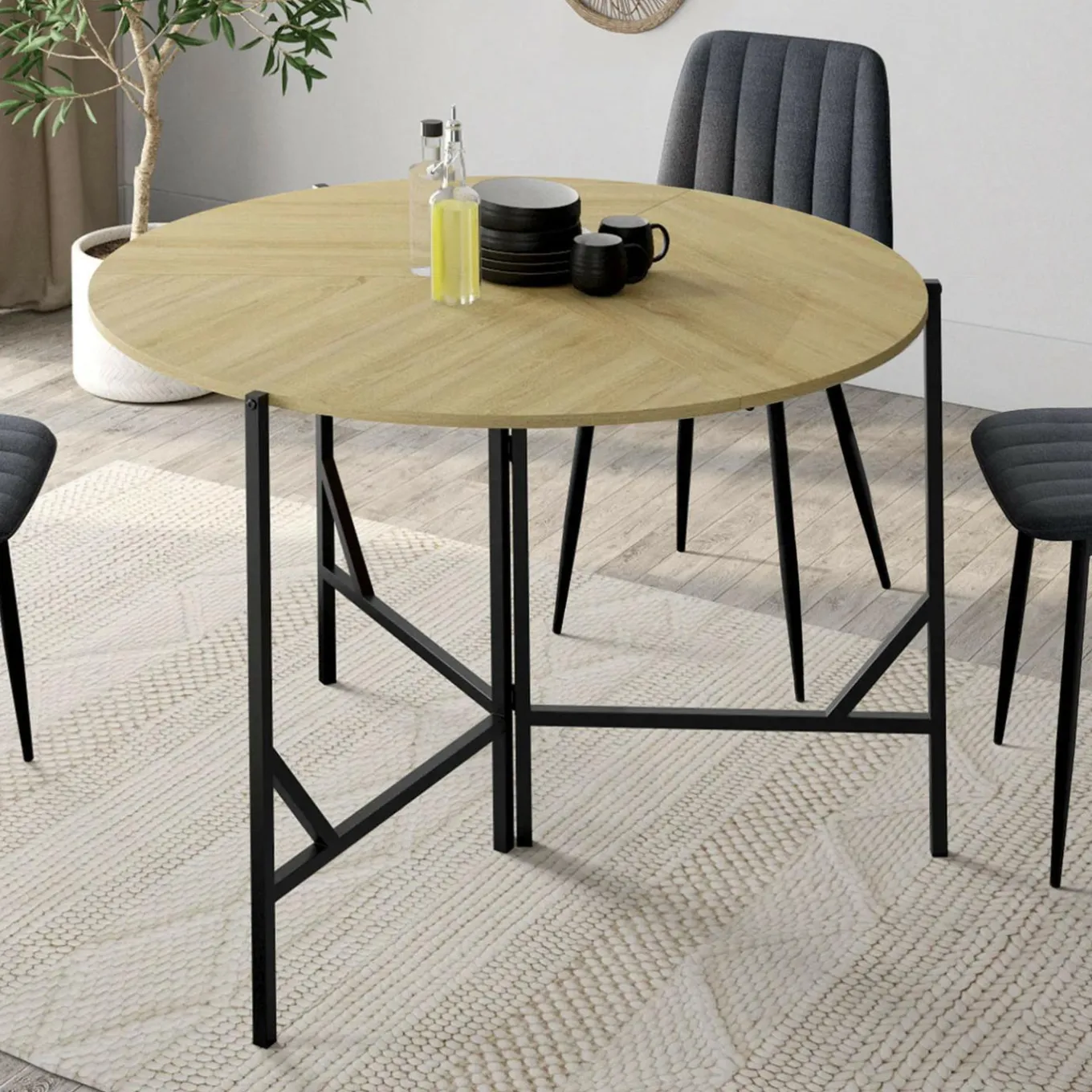 IDMarket Table à manger pliante ronde 4 personnes 110 cm bois et noir style industriel* Tables Et Chaises|Tables