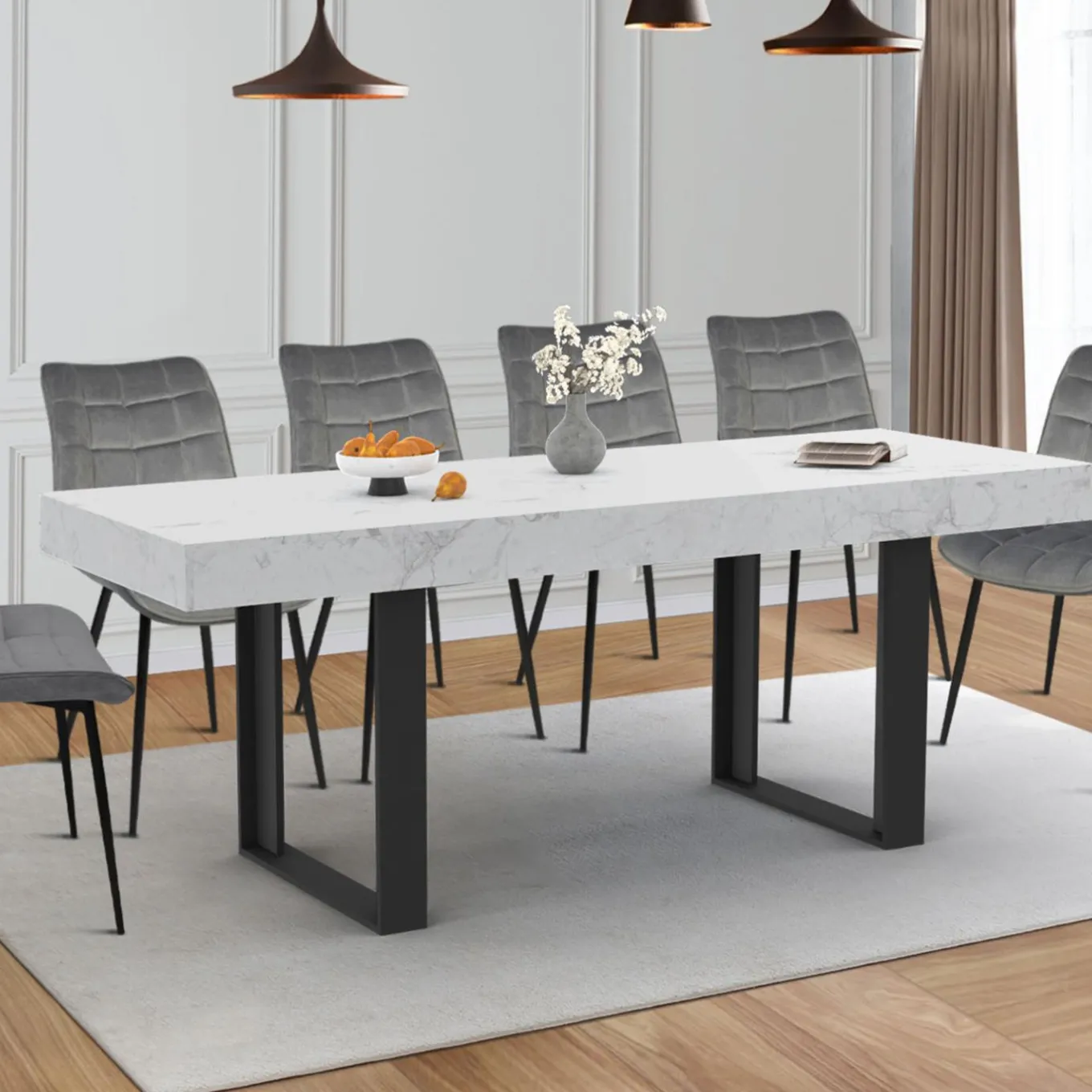 IDMarket Table à manger rectangulaire extensible effet marbre et noir* Collection Design|Tables