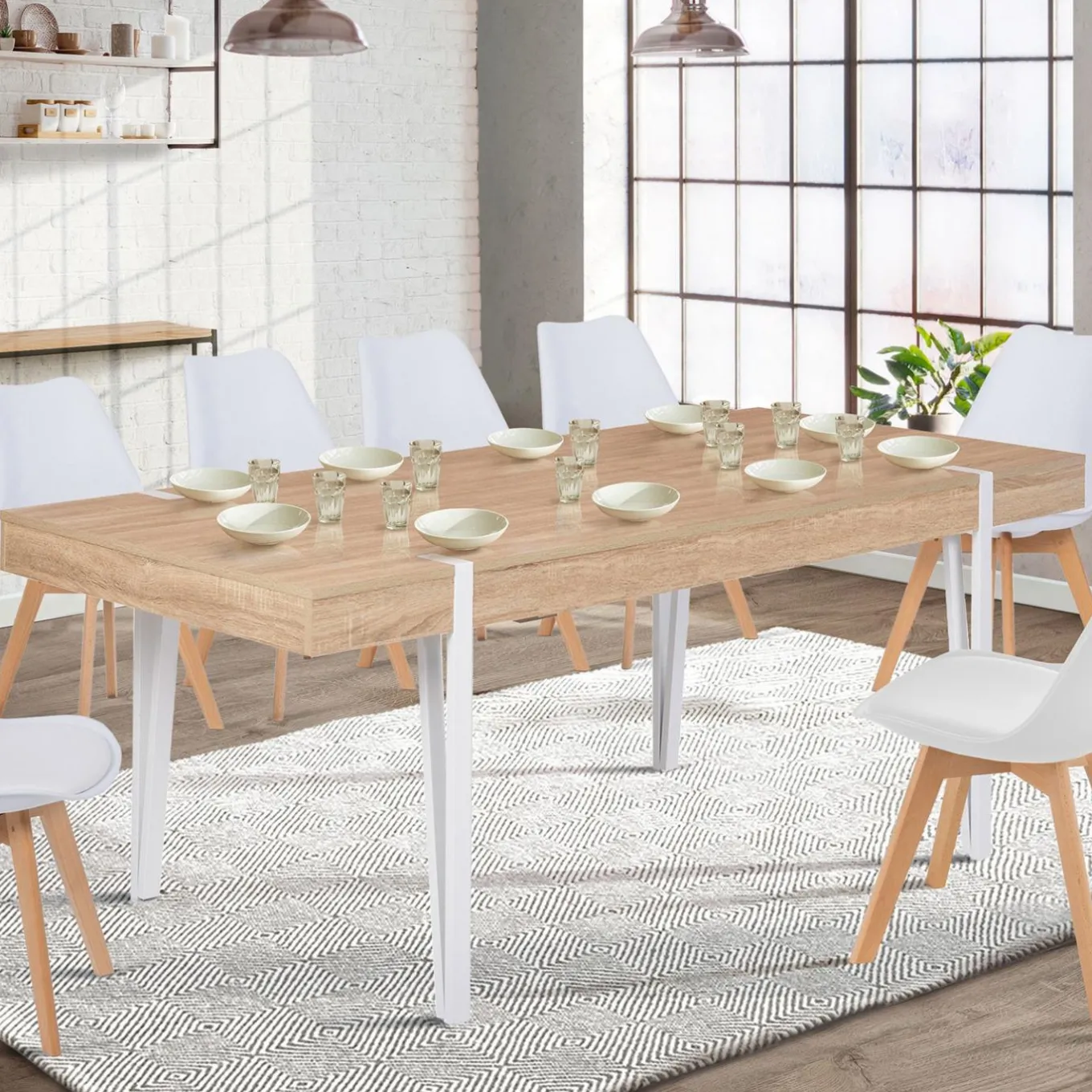 IDMarket Table à manger rectangulaire 10 personnes 200 cm bois et pieds épingle blanc* Meubles En Bois|Tables