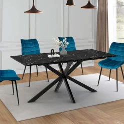 IDMarket Table à manger rectangulaire extensible métal et effet marbre noir 160-200 cm* Collection Design|Tables