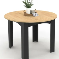 IDMarket Table à manger ronde 110 cm 4-6 personnes noire plateau façon hêtre* Collection Design|Collection Contemporaine
