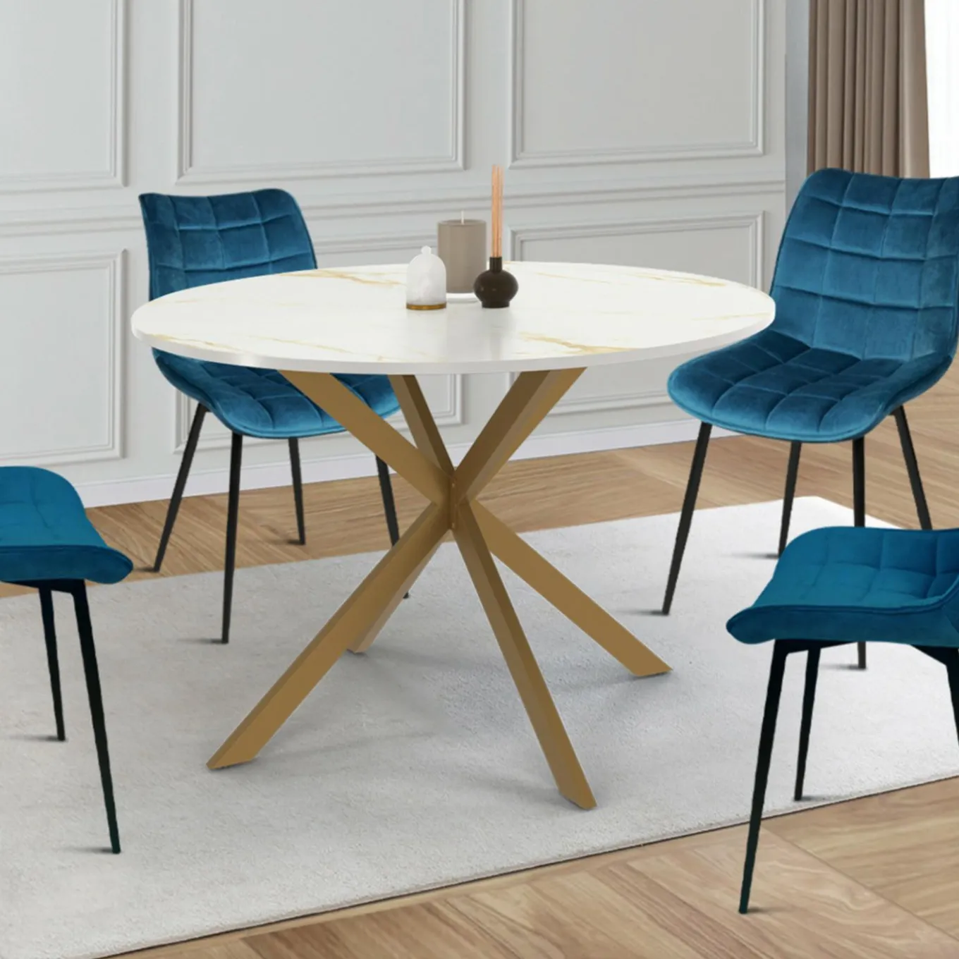 IDMarket Table à manger ronde 110 cm 6 personnes avec plateau effet marbre doré et pied araignée en laiton* Collection Design|Collection Moderne