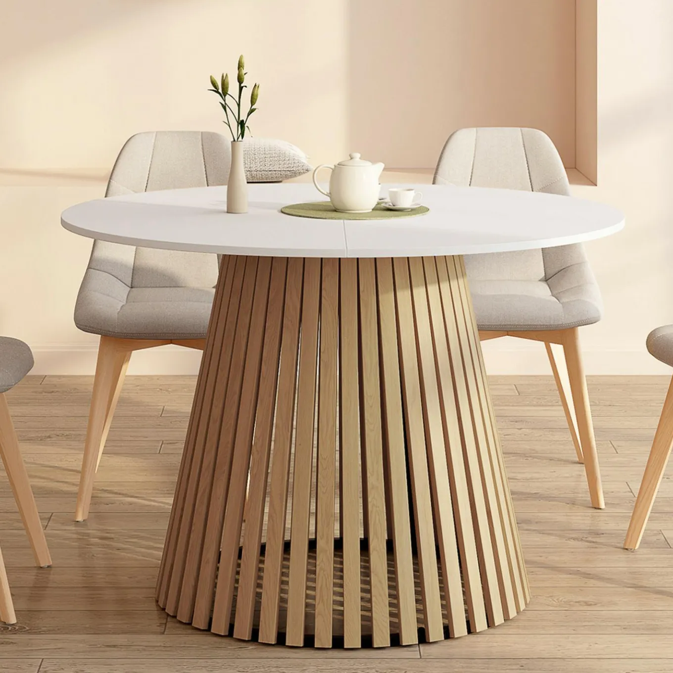 IDMarket Table à manger ronde 6 personnes 110 cm plateau bois blanc et pied bois en lattes* Tables|Tables Et Chaises