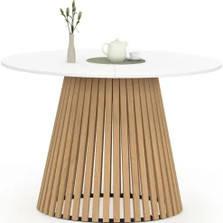 IDMarket Table à manger ronde 6 personnes 110 cm plateau bois blanc et pied bois en lattes* Tables|Tables Et Chaises