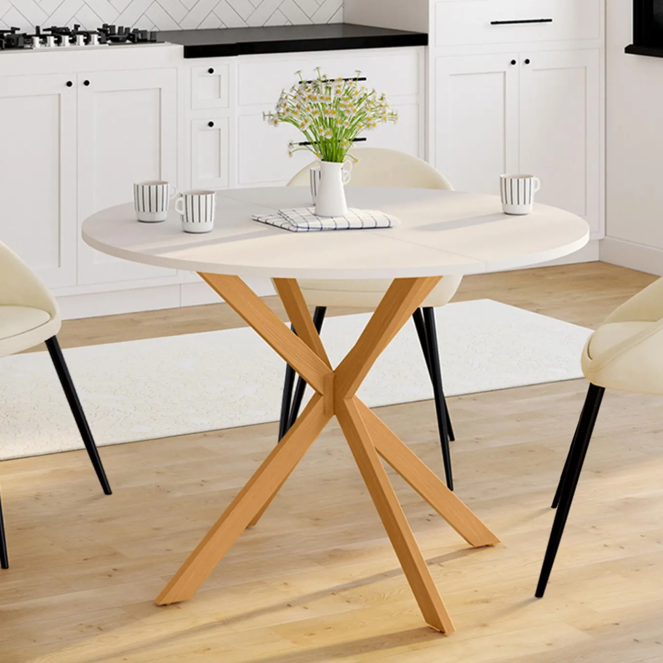 IDMarket Table à manger ronde 6 personnes 110 cm bois et blanc* Tables|Tables Et Chaises