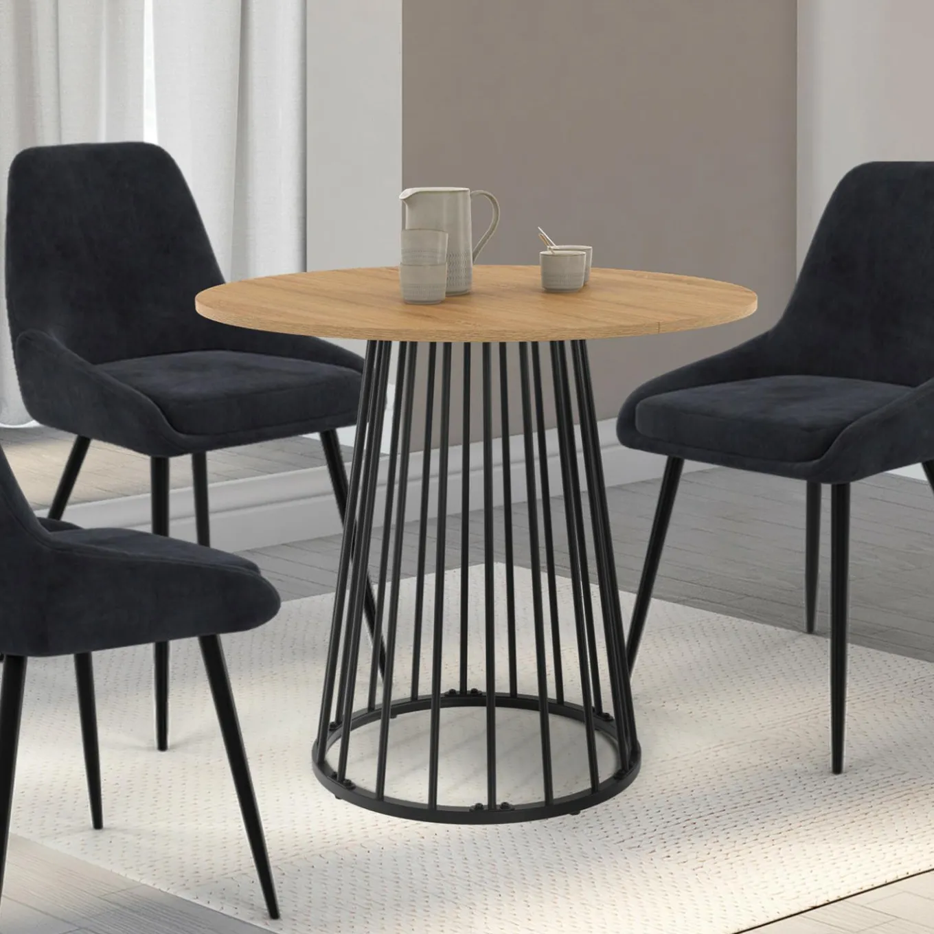 IDMarket Table à manger ronde 4 personnes plateau bois et pied en métal noir 80 cm* Tables|Tables Et Chaises