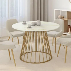 IDMarket Table à manger ronde 6 personnes pied filaire laiton et plateau effet marbre blanc 110 cm* Collection Contemporaine|Tables