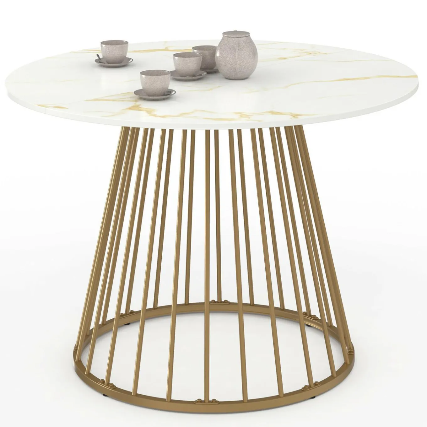 IDMarket Table à manger ronde 6 personnes pied filaire laiton et plateau effet marbre blanc 110 cm* Collection Contemporaine|Tables