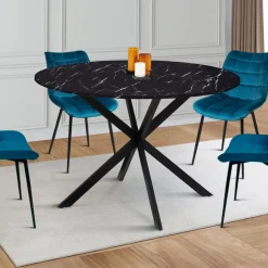 IDMarket Table à manger ronde effet marbre noir pied araignée métal noir* Collection Design|Tables