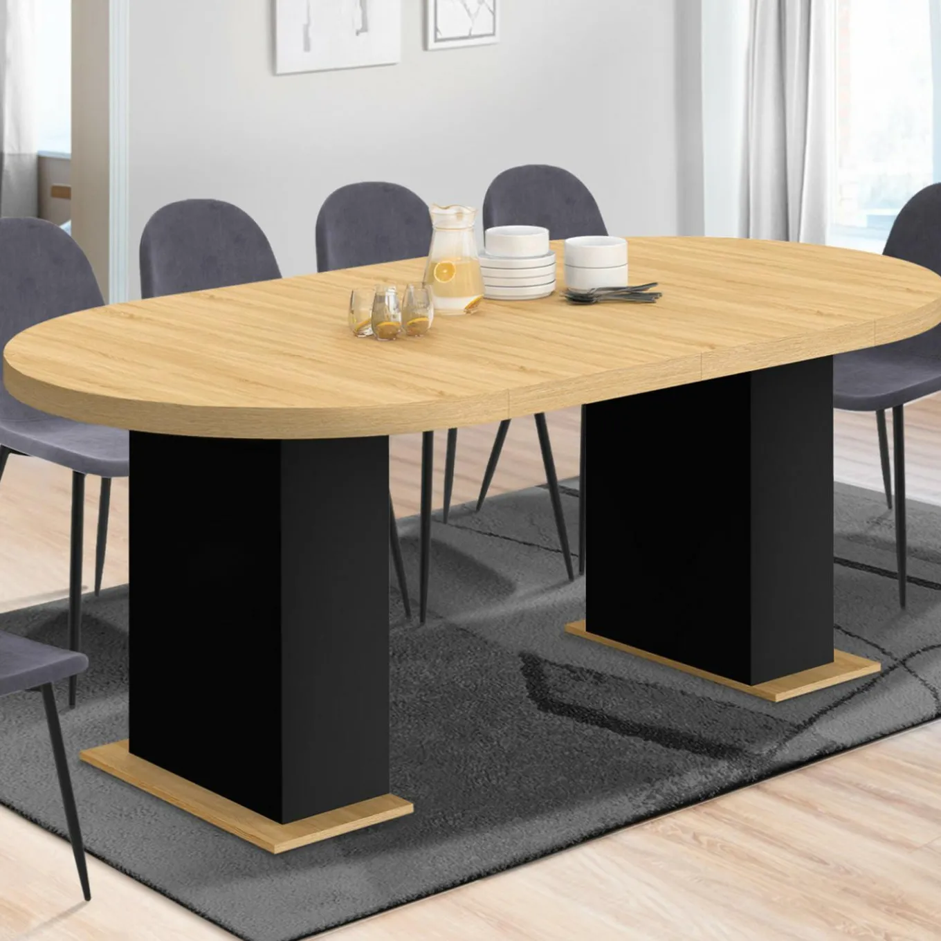 IDMarket Table à manger ronde extensible 110-200 cm 4-10 personnes bois et noir style moderne* Collection Contemporaine|Tables