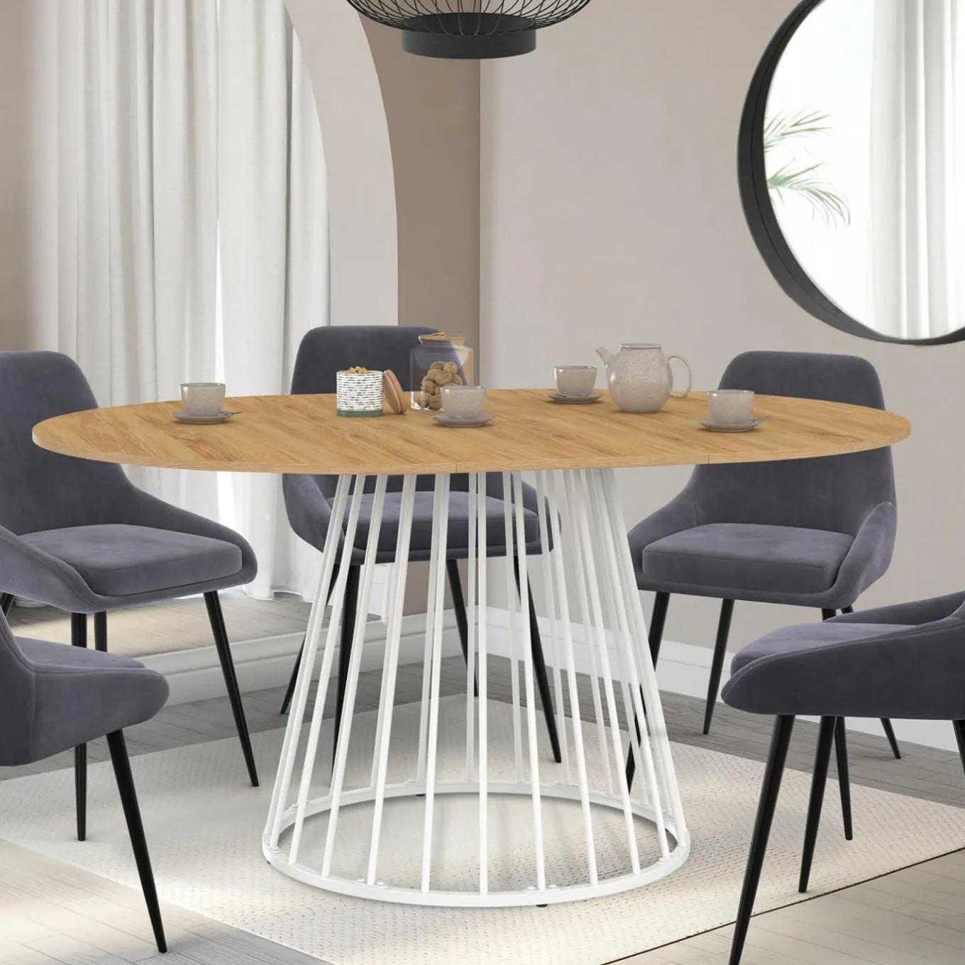 IDMarket Table à manger ronde extensible 110-150 cm 4-8 personnes plateau bois et pied filaire métal blanc* Salle À Manger Complète|Tables Et Chaises
