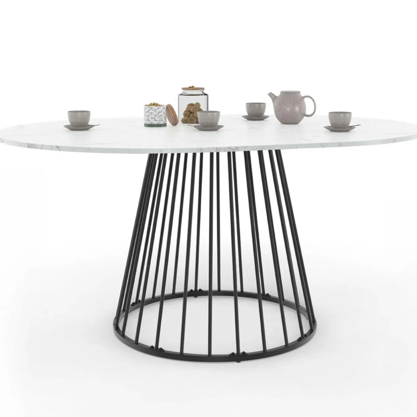 IDMarket Table à manger ronde extensible 110-150 cm 4-8 personnes plateau effet marbre blanc et pied filaire métal noir* Tables|Tables Et Chaises