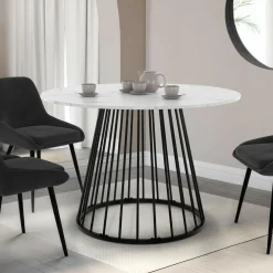 IDMarket Table à manger ronde extensible 110-150 cm 4-8 personnes plateau effet marbre blanc et pied filaire métal noir* Tables|Tables Et Chaises