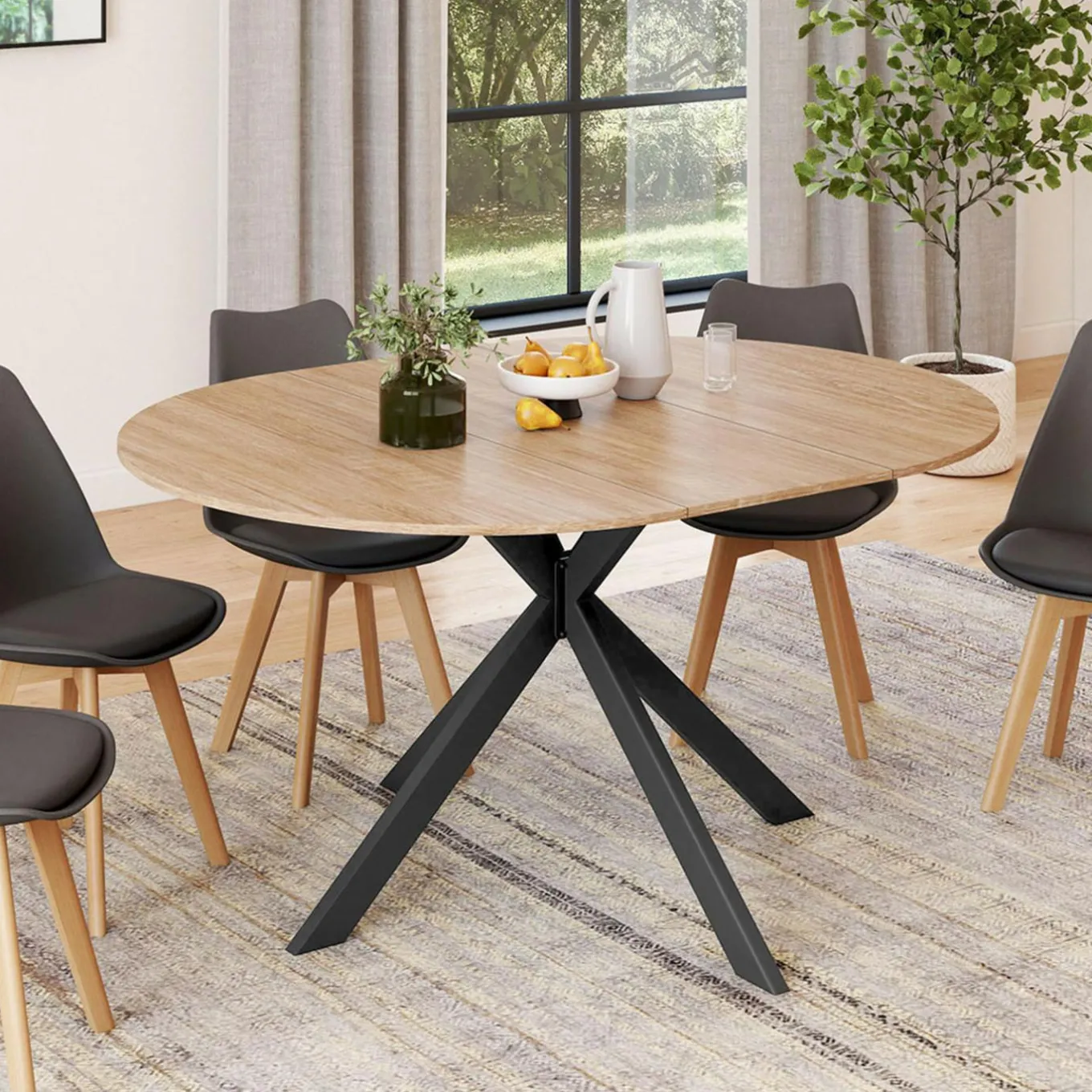 IDMarket Table à manger ronde extensible noir et bois pour 6-8 personnes* Tables