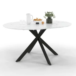 IDMarket Table à manger ronde extensible plateau effet marbre 110-150 cm 4-8 personnes pied araignée métal noir* Tables
