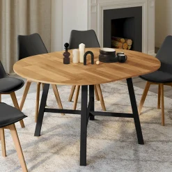 IDMarket Table à manger ronde extensible bois et métal noir* Meubles En Bois|Collection Industrielle