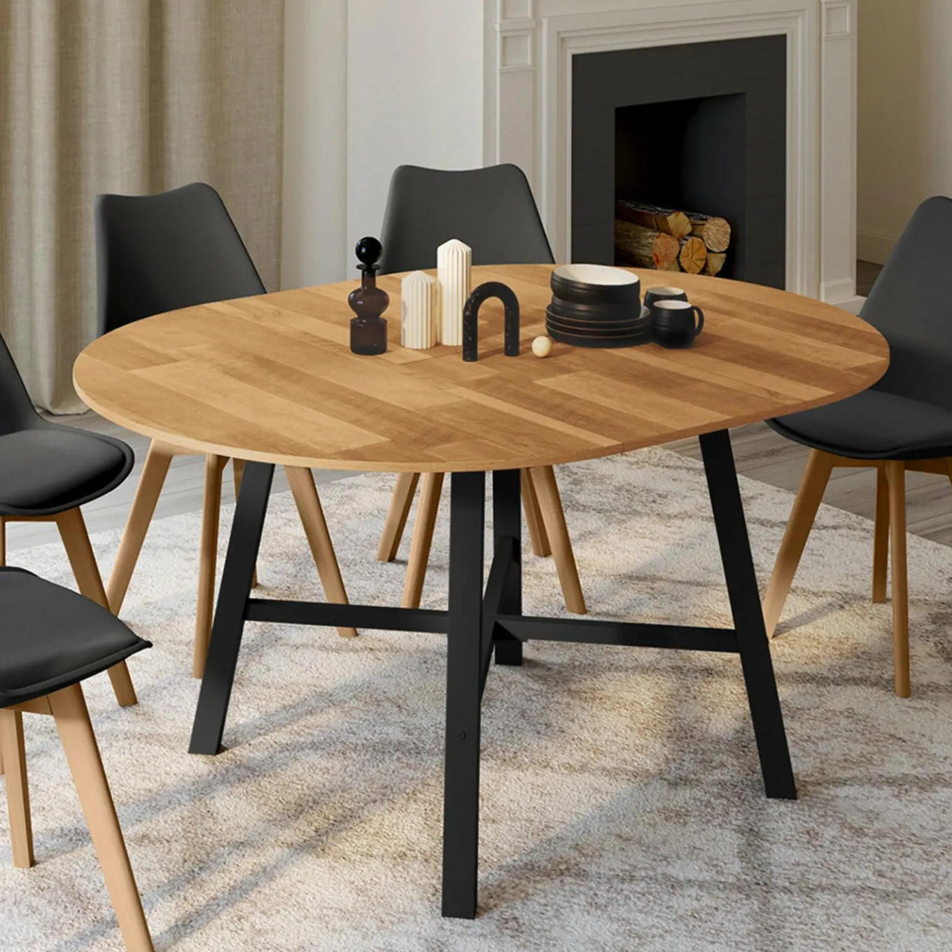 IDMarket Table à manger ronde extensible bois et métal noir* Meubles En Bois|Collection Industrielle
