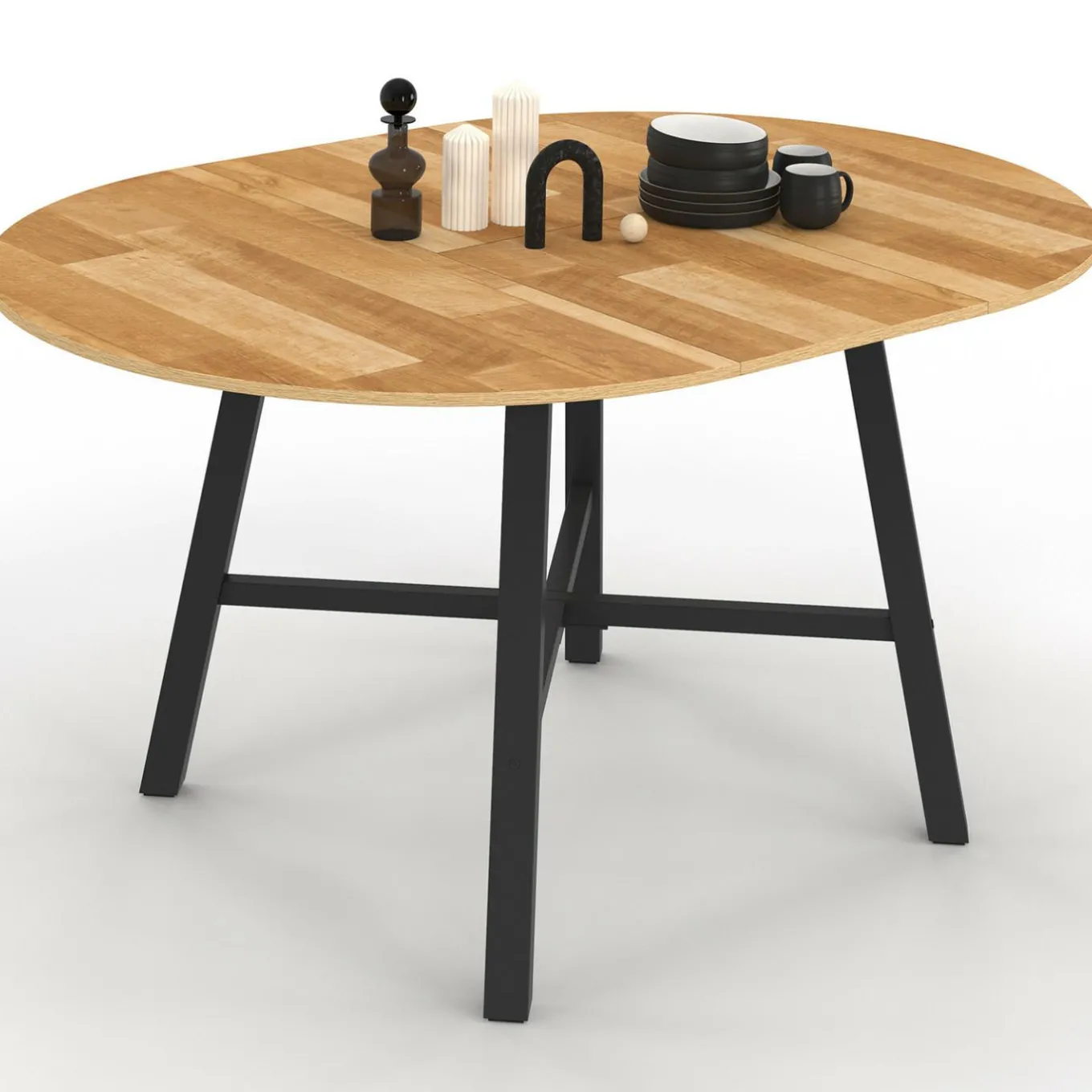 IDMarket Table à manger ronde extensible bois et métal noir* Meubles En Bois|Collection Industrielle