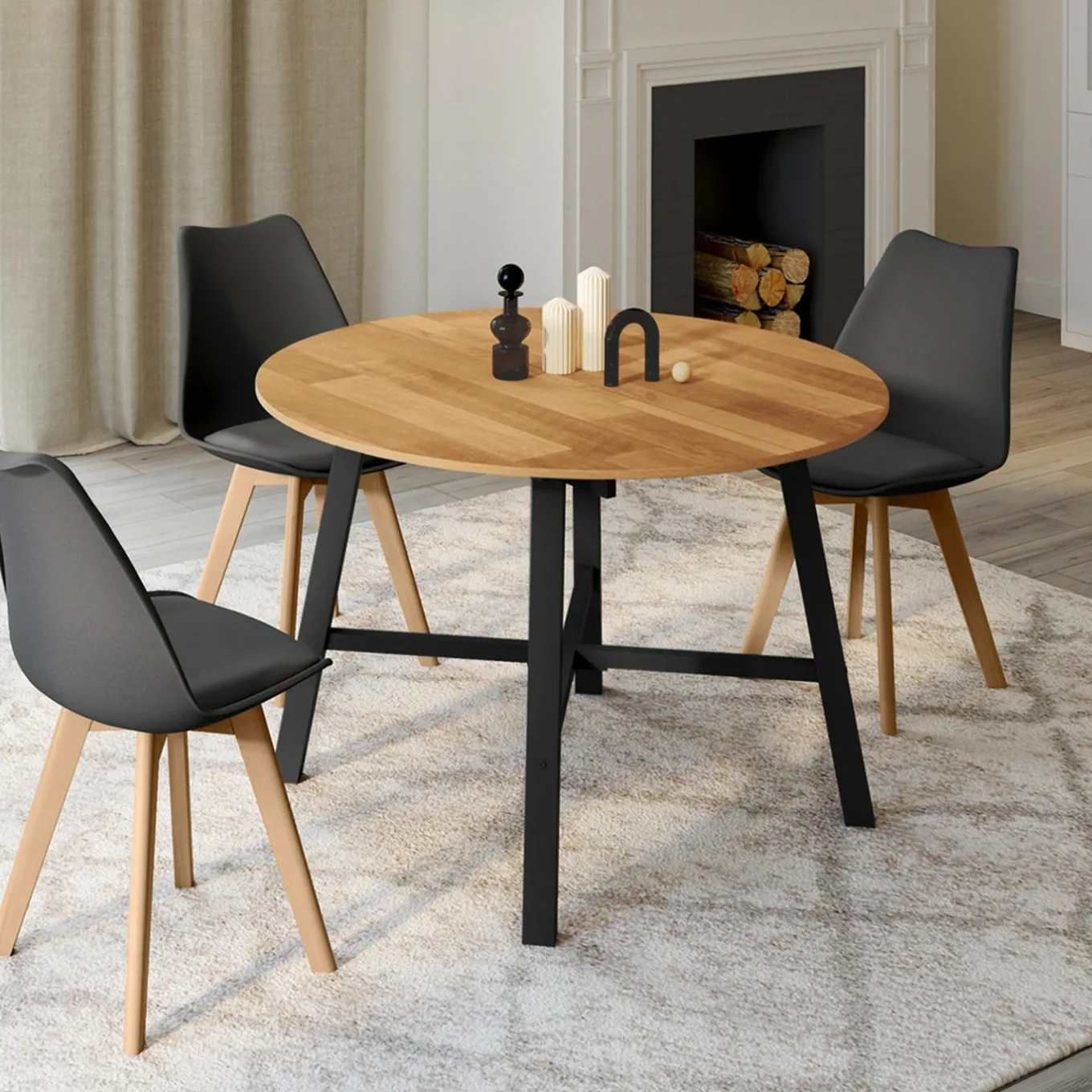 IDMarket Table à manger ronde extensible bois et métal noir* Meubles En Bois|Collection Industrielle