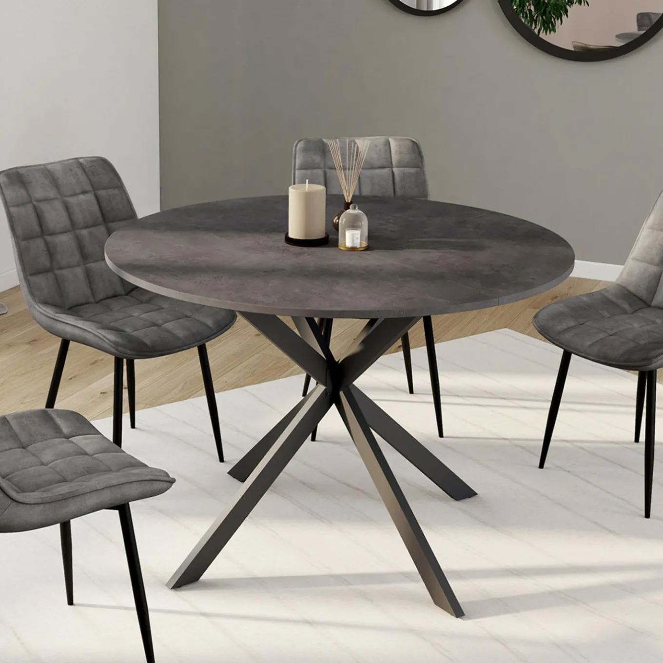 IDMarket Table à manger ronde plateau effet béton 110 cm pied araignée gris anthracite 6 personnes* Meubles En Bois|Collection Moderne
