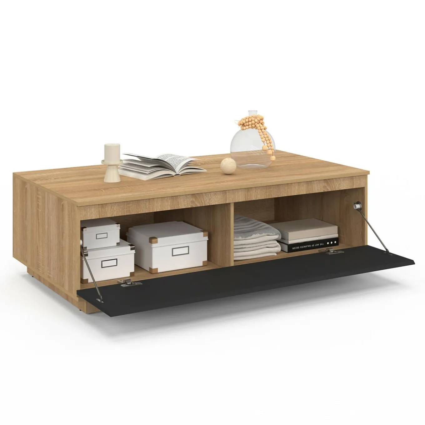 IDMarket Table basse 110 cm avec porte façon hêtre et noir* Collection Contemporaine|Tables Basses