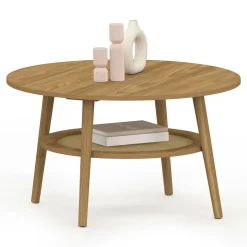 IDMarket Table basse 70 cm ronde bois façon hêtre et plateau effet naturel cannage* Tables Basses