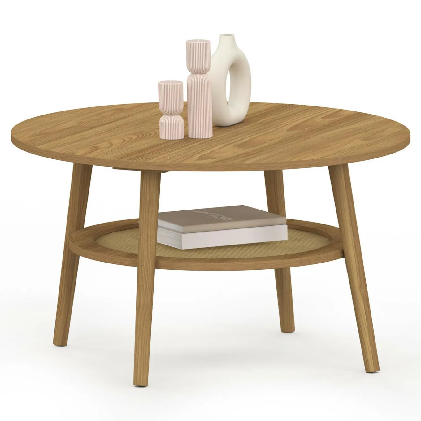 IDMarket Table basse 70 cm ronde bois façon hêtre et plateau effet naturel cannage* Tables Basses