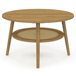 IDMarket Table basse 70 cm ronde bois façon hêtre et plateau effet naturel cannage* Tables Basses