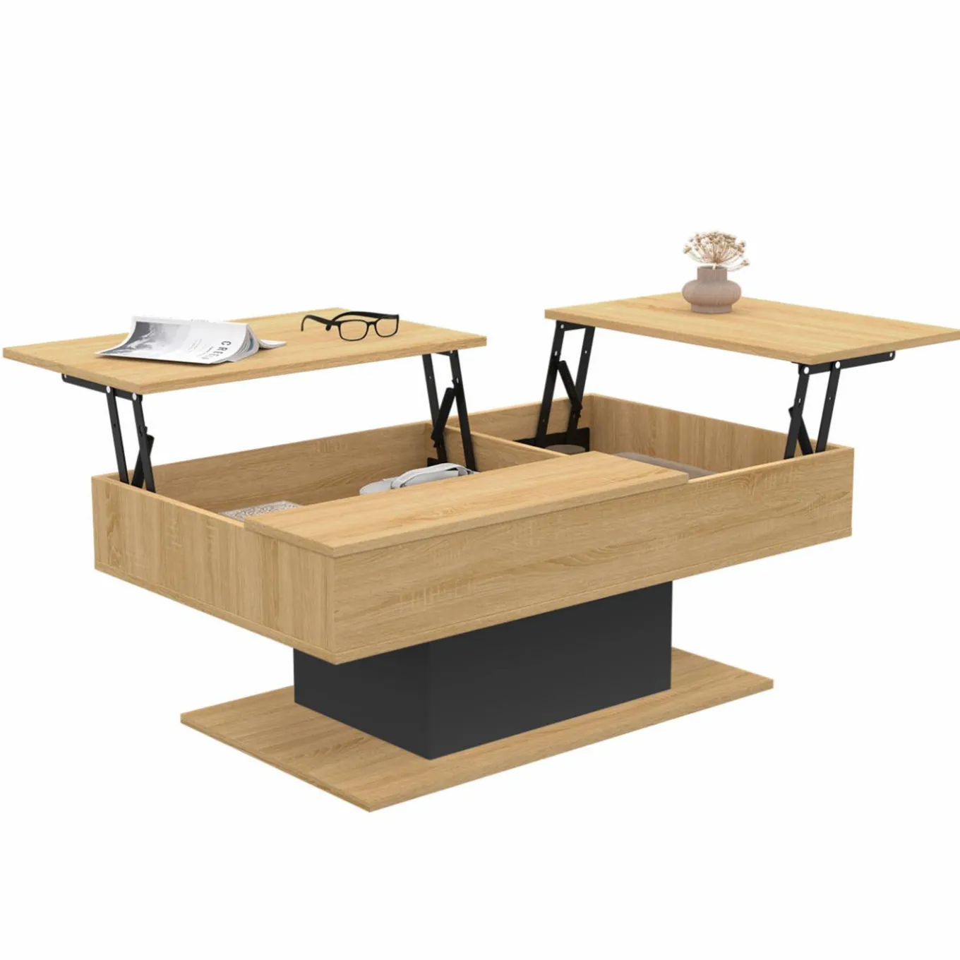 IDMarket Table basse 2 plateaux relevables bois et noir* Tables Basses|Salon Complet