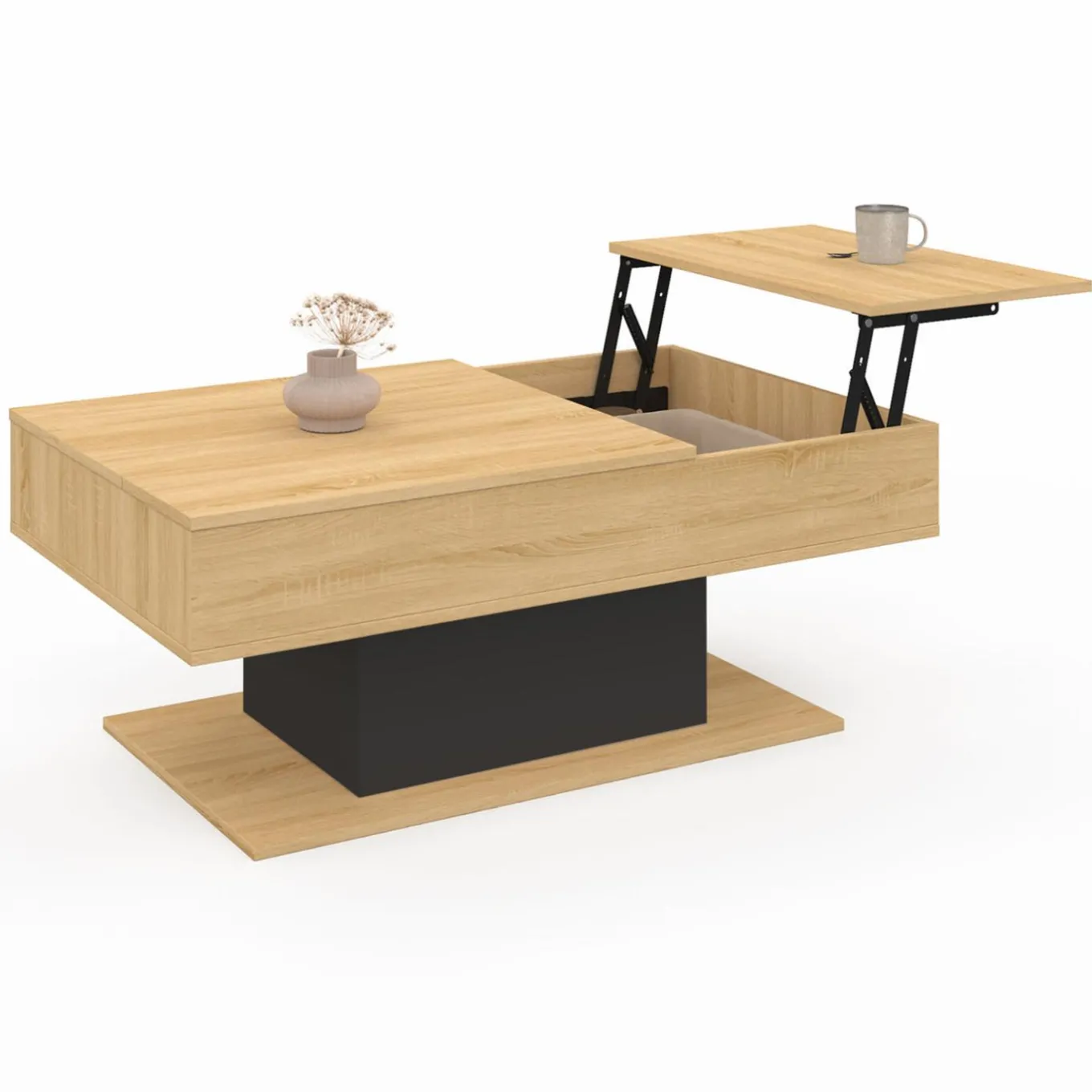 IDMarket Table basse 2 plateaux relevables bois et noir* Tables Basses|Salon Complet