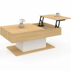 IDMarket Table basse 2 plateaux relevables bois et blanc* Tables Basses|Salon Complet